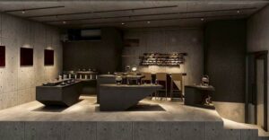 光と影が静かに交差する、Leiの初のブティックを象徴する空間イメージ。