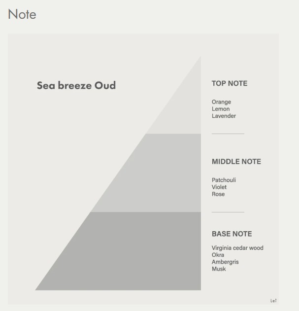 Sea Breeze Oudの香り構成を示すノートピラミッド。トップノート、ミドルノート、ベースノートが図式化されている。