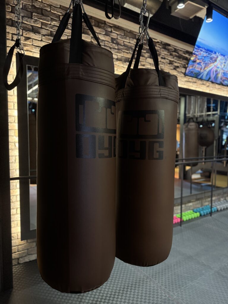 OYG銀座ジムのロゴが入ったブラウンのサンドバッグが2つ並んで吊るされている様子。背後にはレンガ壁やトレーニングエリアが見える。