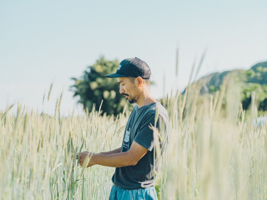 畑の中で作物に手を添える、AMBESSA & CO代表・君島悠矢さん