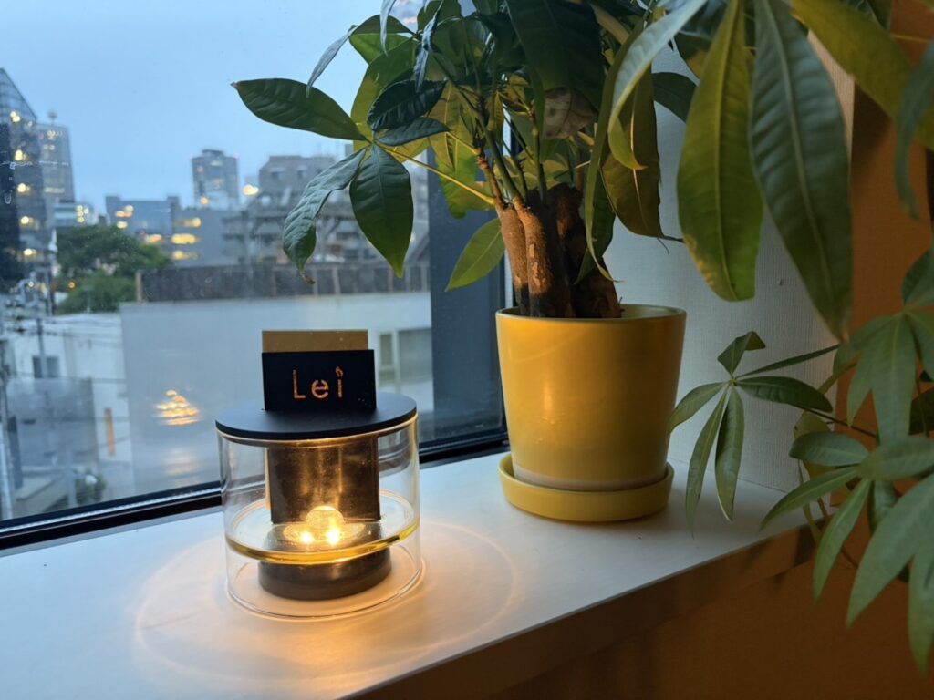窓辺に置かれたLei card diffuser と観葉植物、夕暮れの室内風景