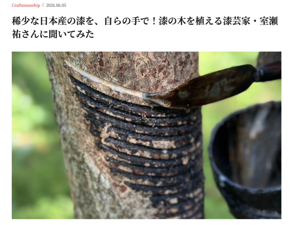 和樂webに掲載された、漆芸家・室瀬祐さんの記事画面。漆の木から樹液を採取する様子が写っている。