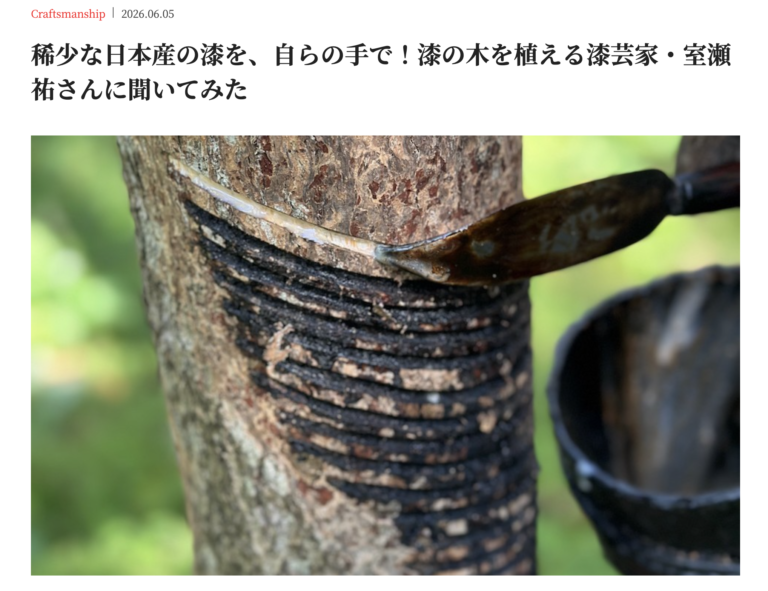 和樂webに掲載された、漆芸家・室瀬祐さんの記事画面。漆の木から樹液を採取する様子が写っている。
