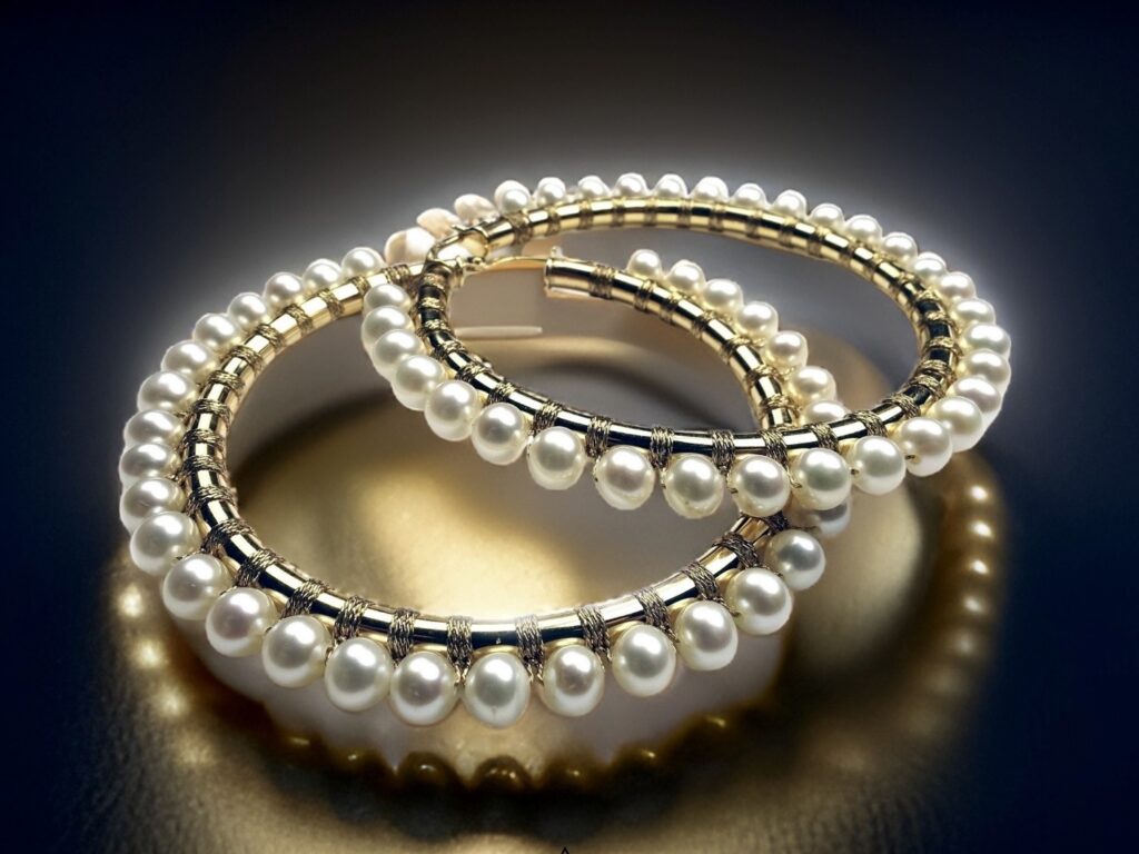 Pearl-woven gold hoop earrings by Simon Alcantara on a dark reflective surface.