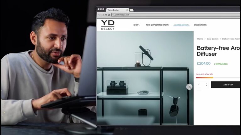A presenter beside a screen showing the Lei non electric aroma diffuser on the Yanko Design website
